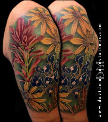 Tattoos - Texas Wildflower Half Sleeve of Bluebonnets and Indian Paintbrushes - 89815